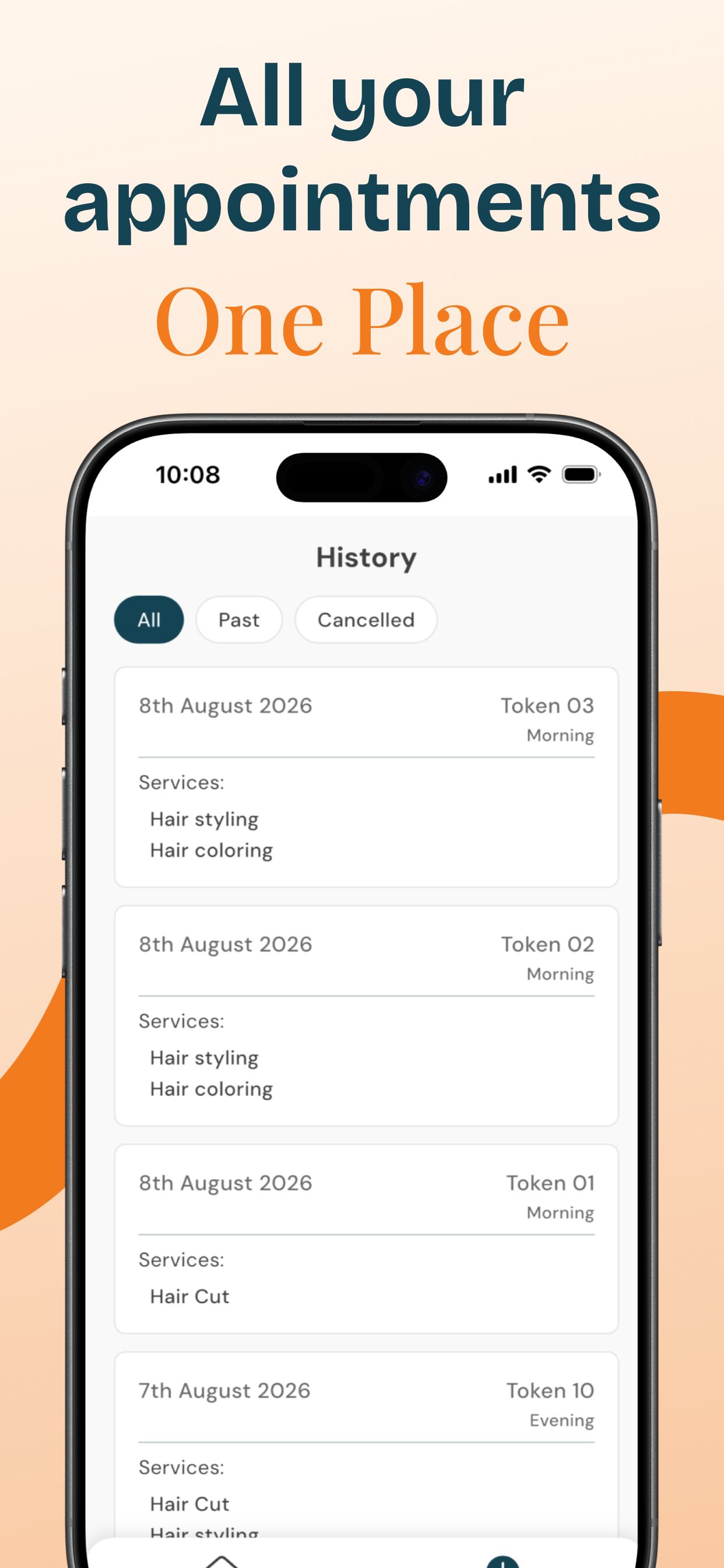 Appointment history filtered by all, past, and cancelled