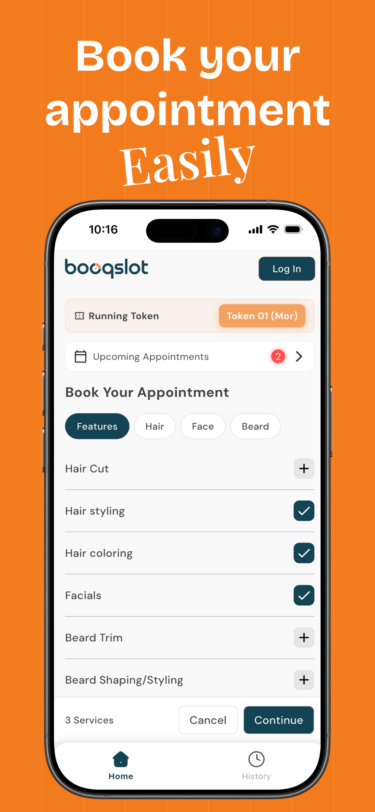 booqslot home screen with running token and service selection