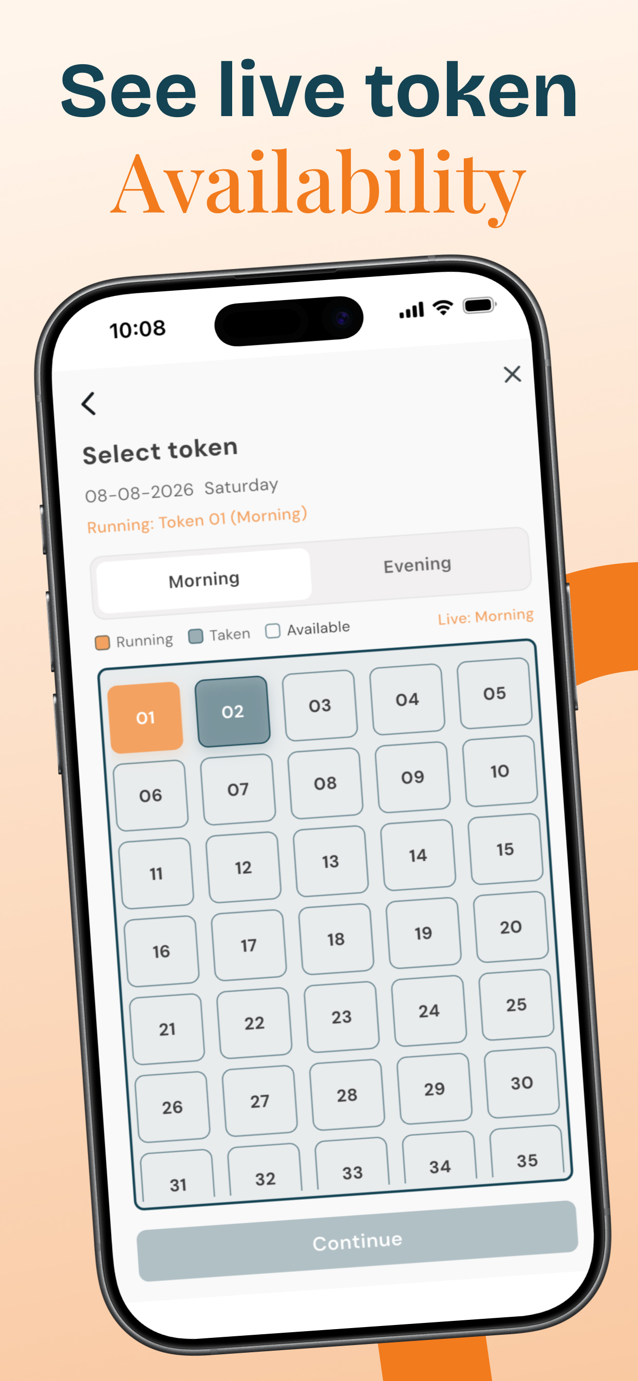 booqslot app showing live token availability for a booking, with running, taken, and available tokens