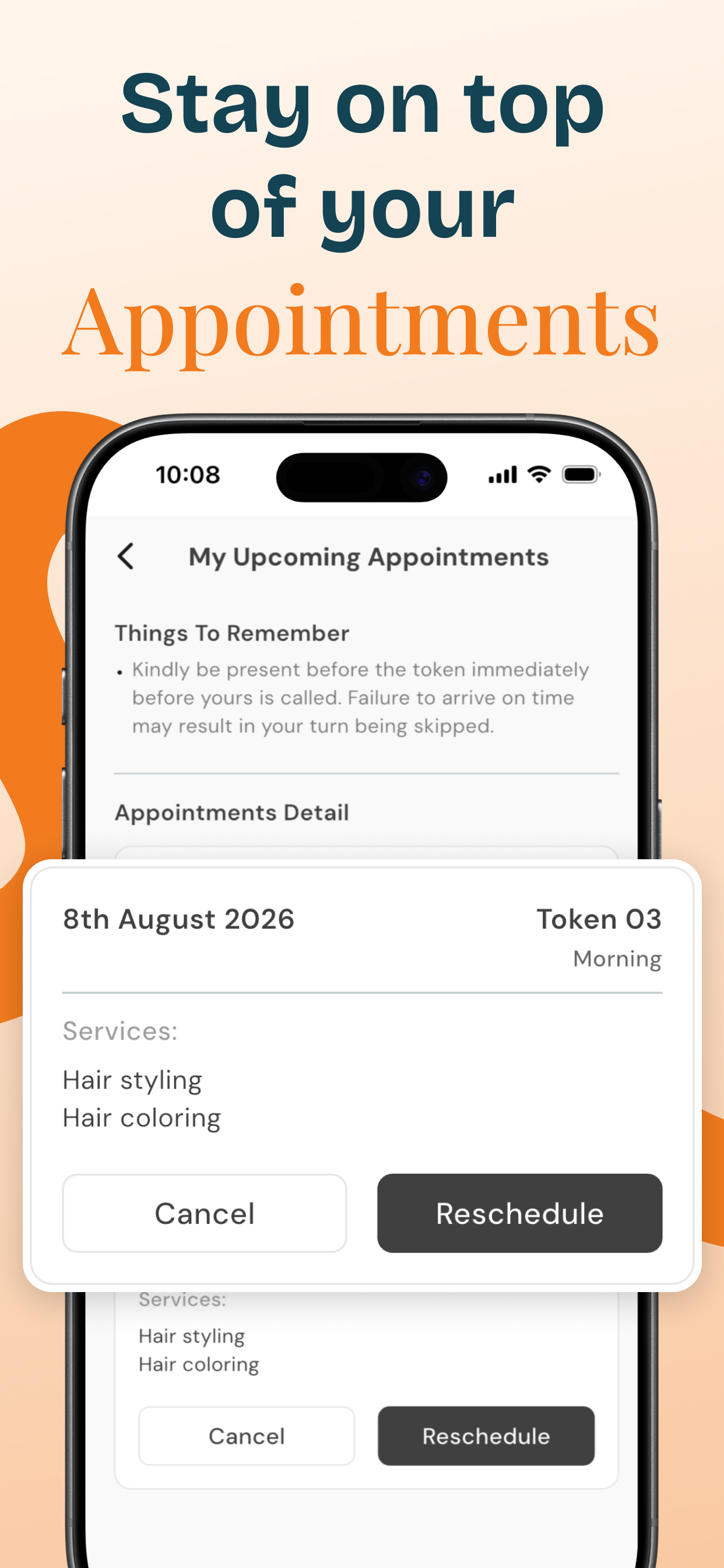 Upcoming appointments with cancel and reschedule options